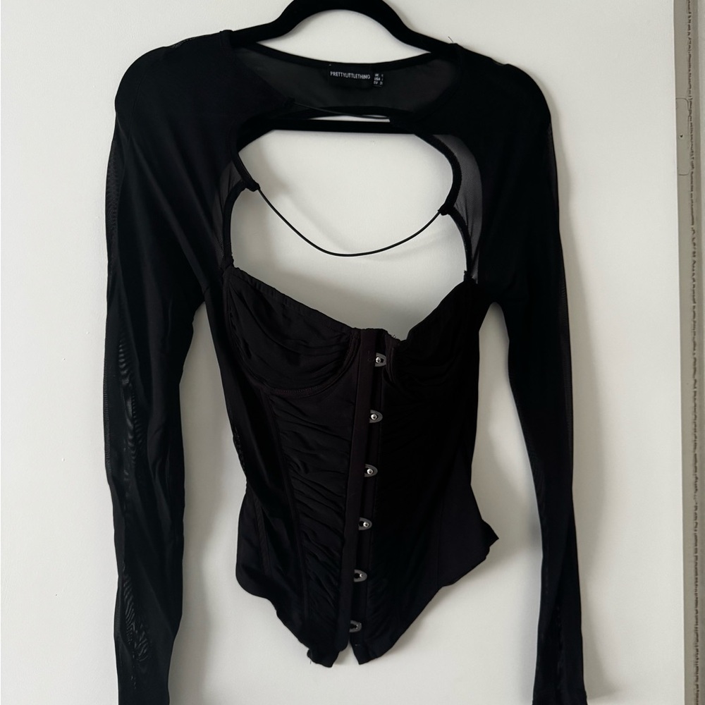 PrettyLittleThing Black Long Sleeve Corset-Style Crop Top